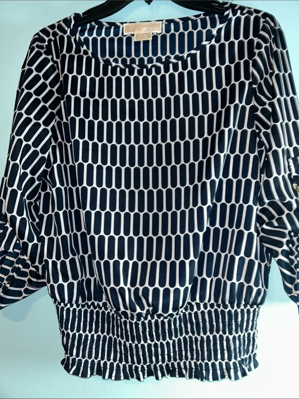 Michael Kors Navy & White Patterned Blouson Top